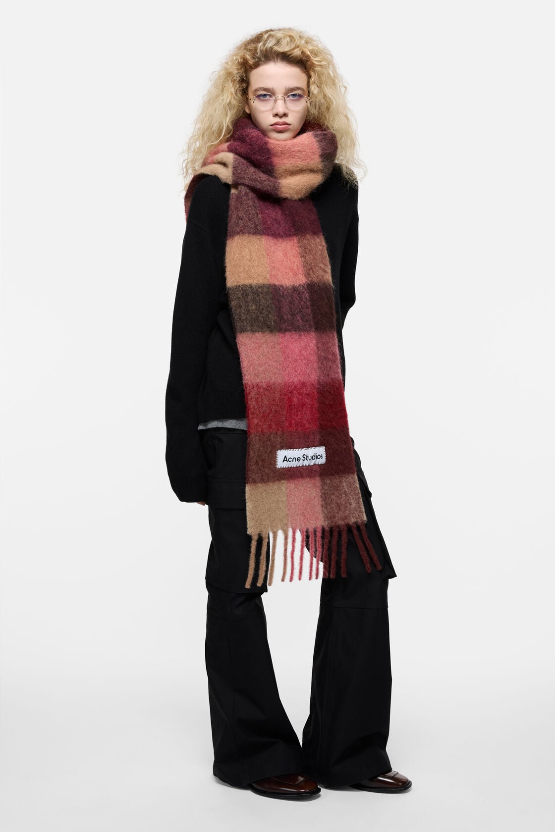 Mohair Check Scarf - Red/Pink/Beige