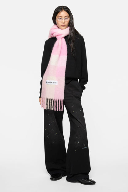 Mohair checked scarf - Candy Pink/White/Pale Pink