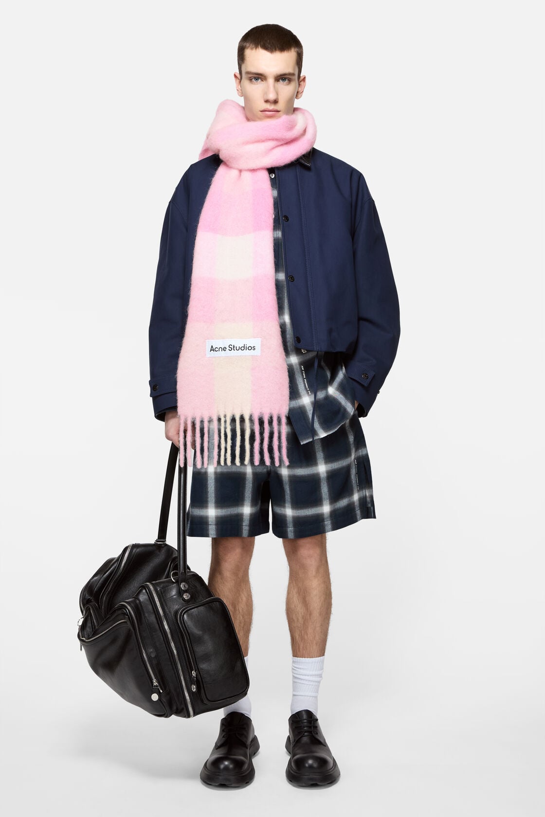 Mohair checked scarf - Candy Pink/White/Pale Pink