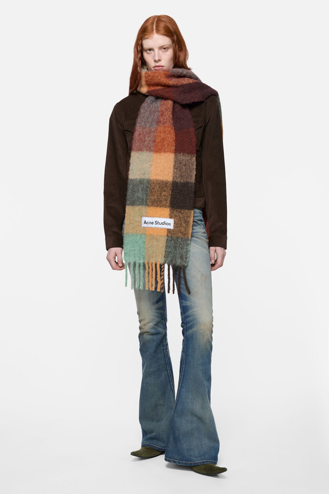 Mohair checked scarf - Chestnut brown/yellow/green