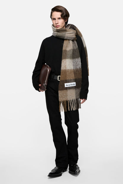 Check fringe scarf - Dark Brown/White/Brown