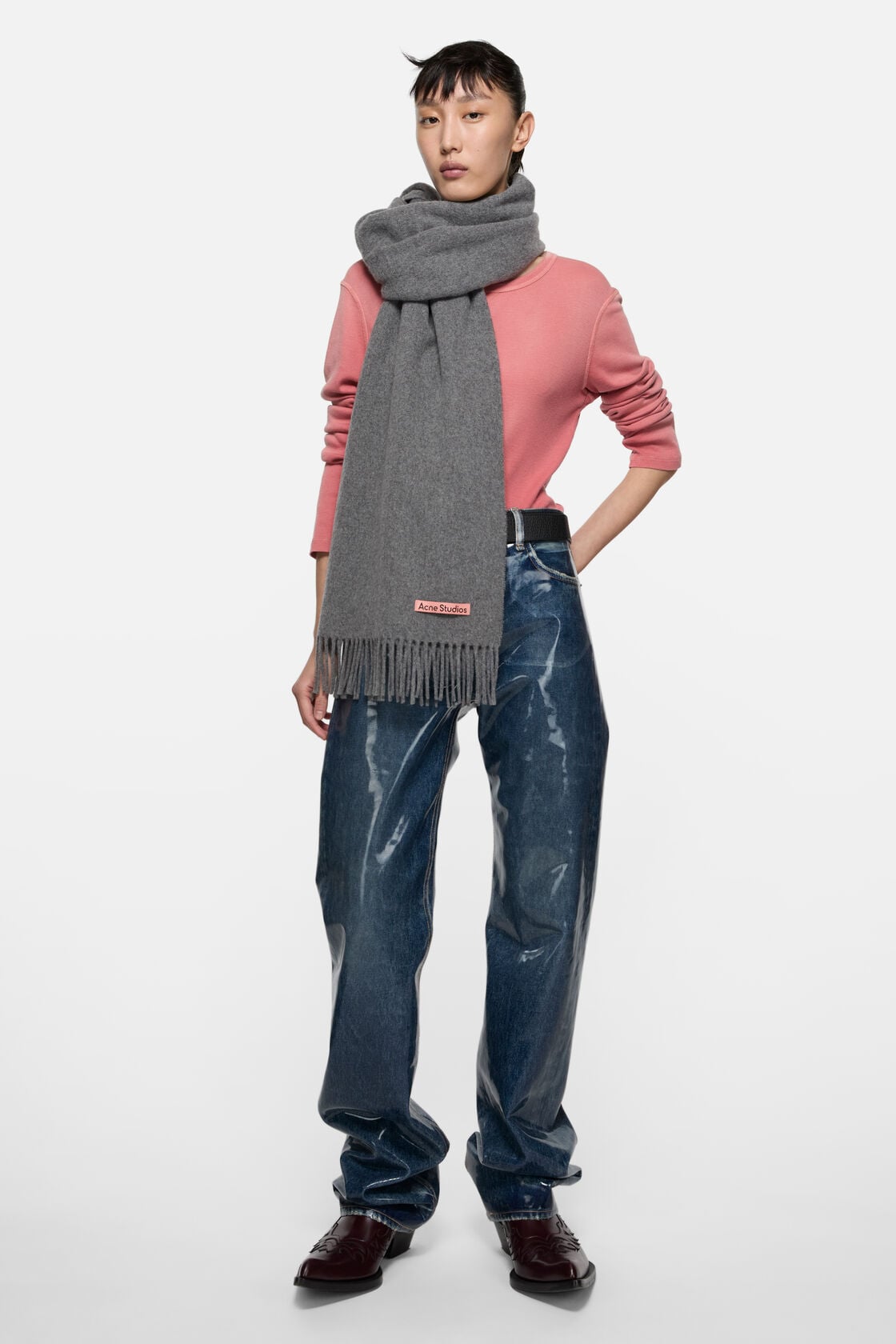 Fringe wool scarf - oversized - Grey Melange