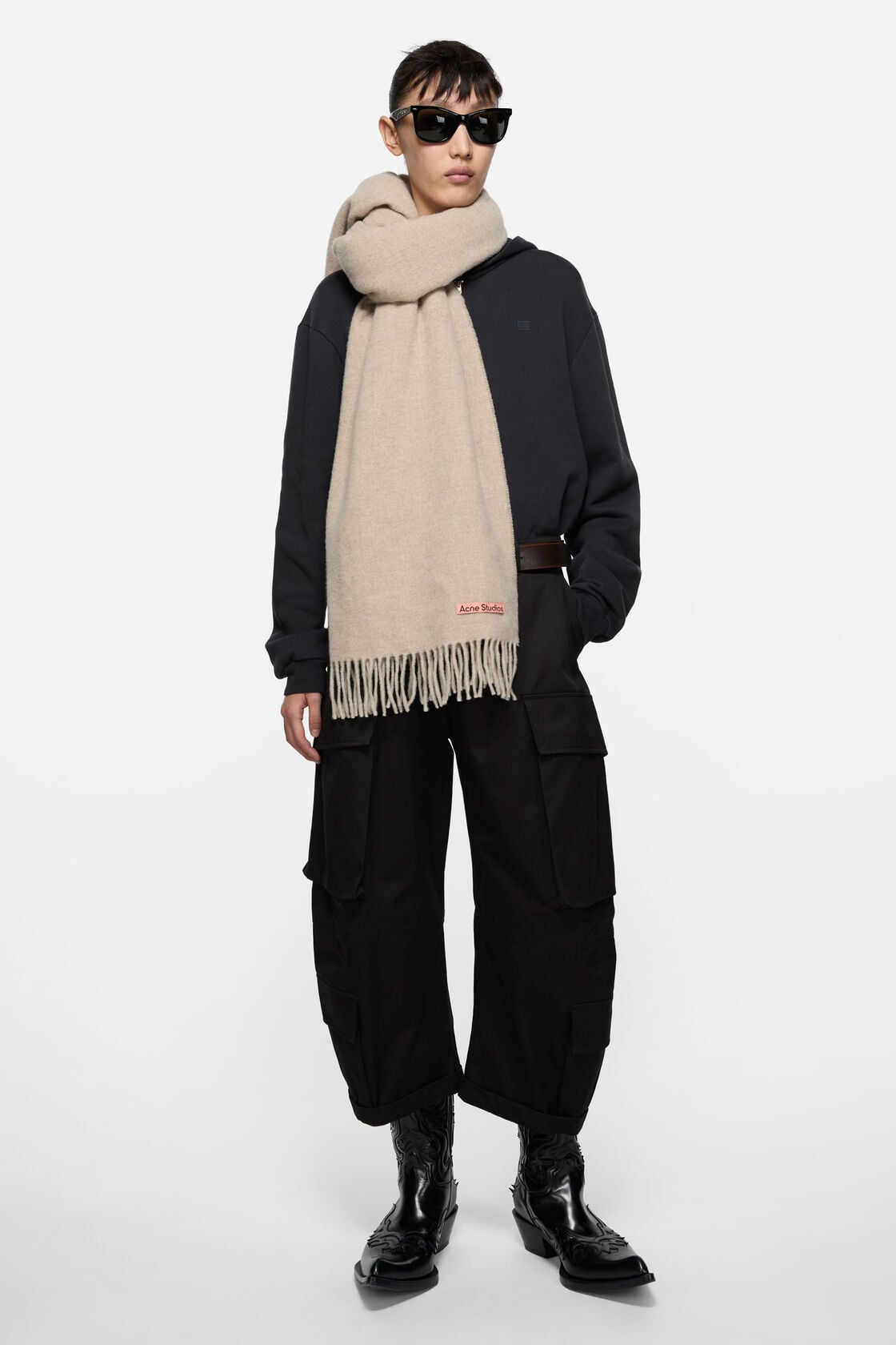 Fringe wool scarf - oversized - Oatmeal melange