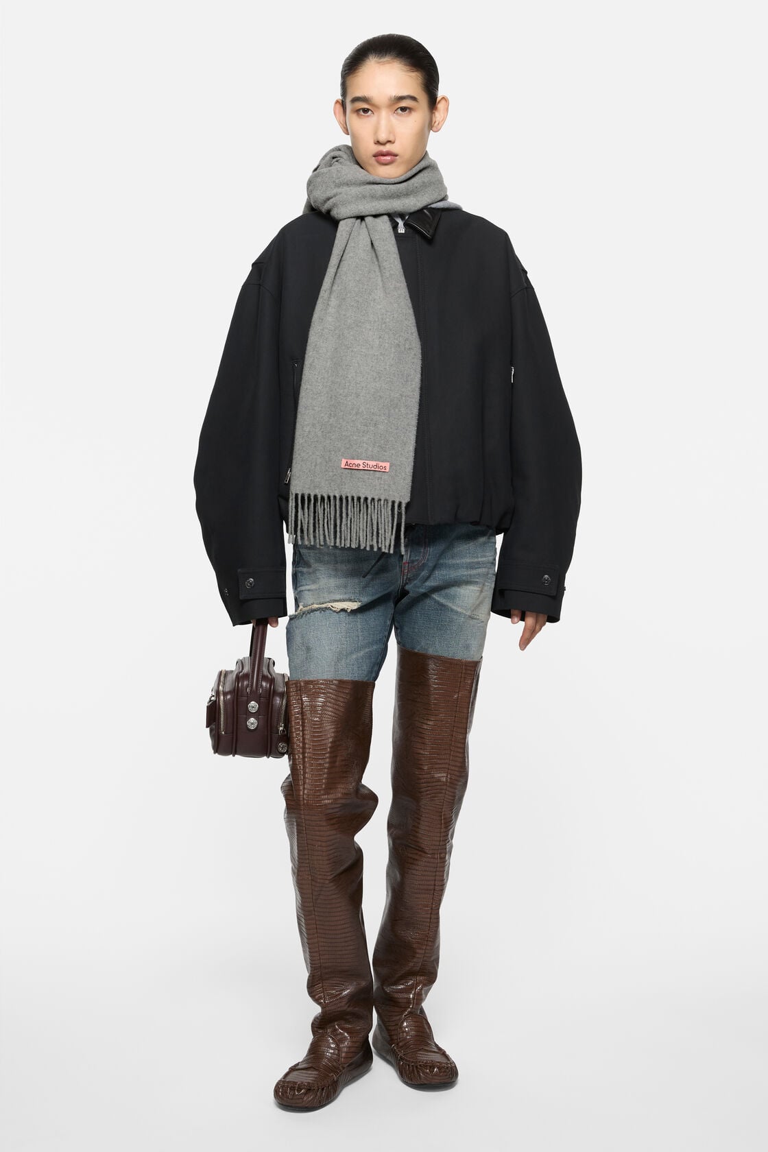 Fringe wool scarf - Narrow - Light Grey Melange