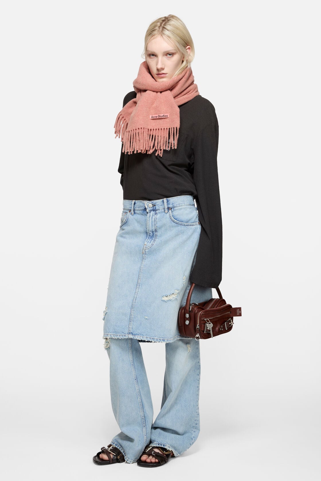 Fringe wool scarf – Narrow - Rose Melange