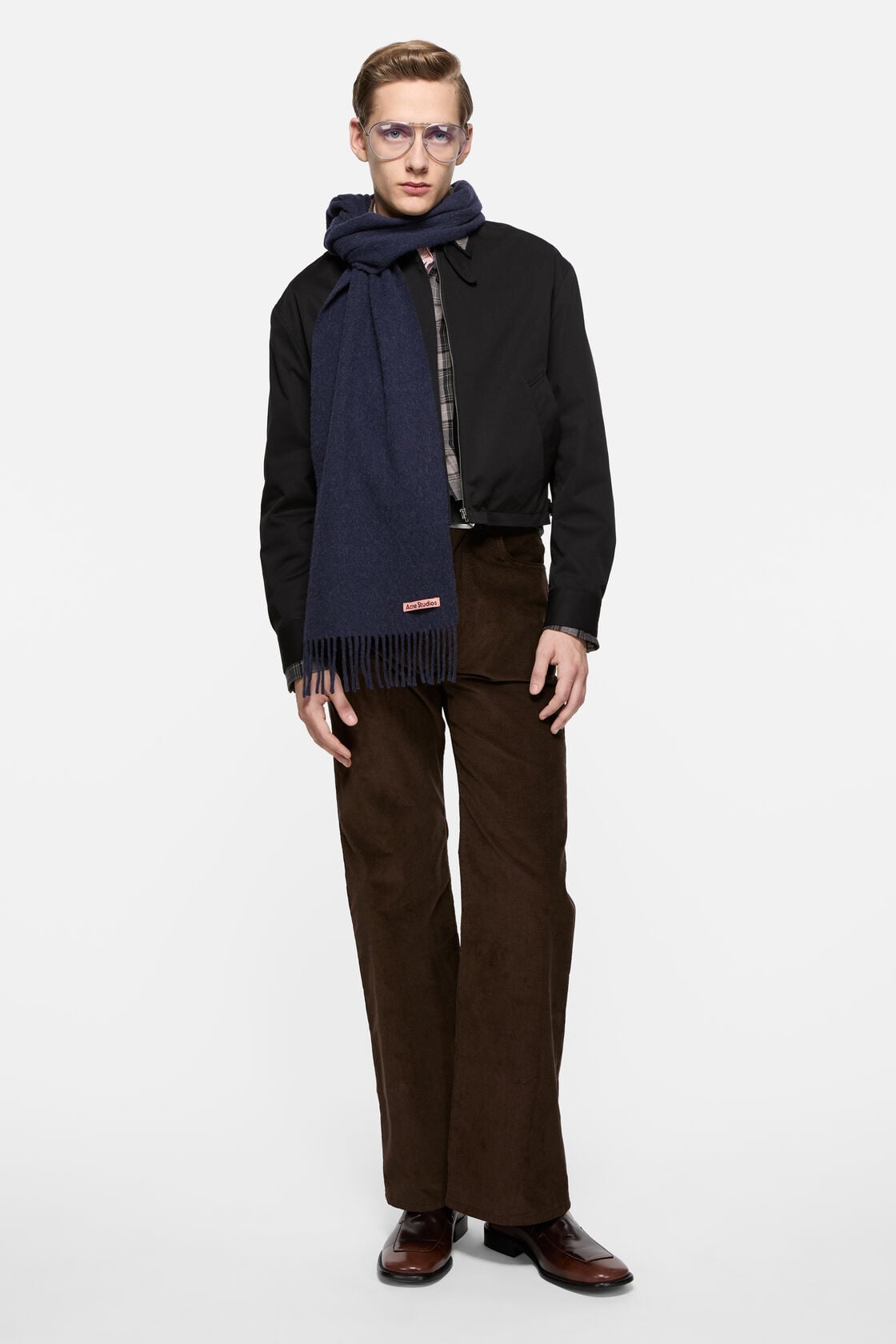 Fringe wool scarf - skinny - Dark Navy Melange