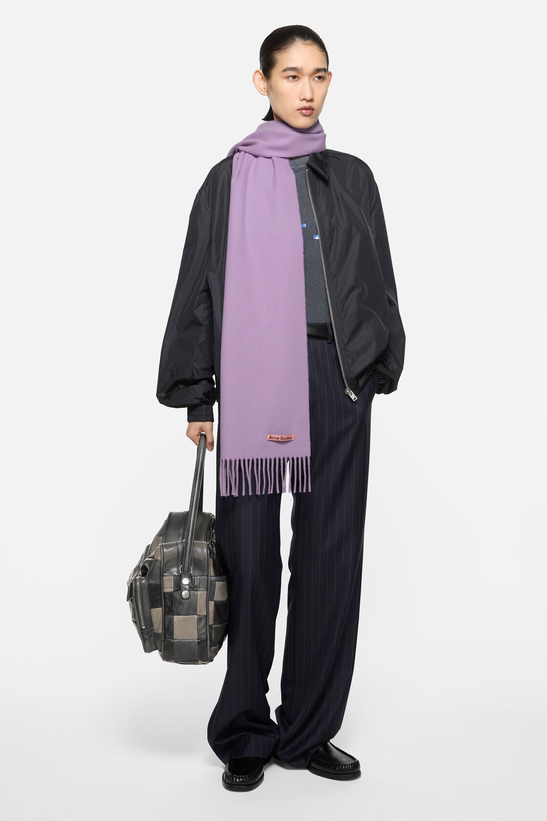 Fringe wool scarf - skinny - Lilac