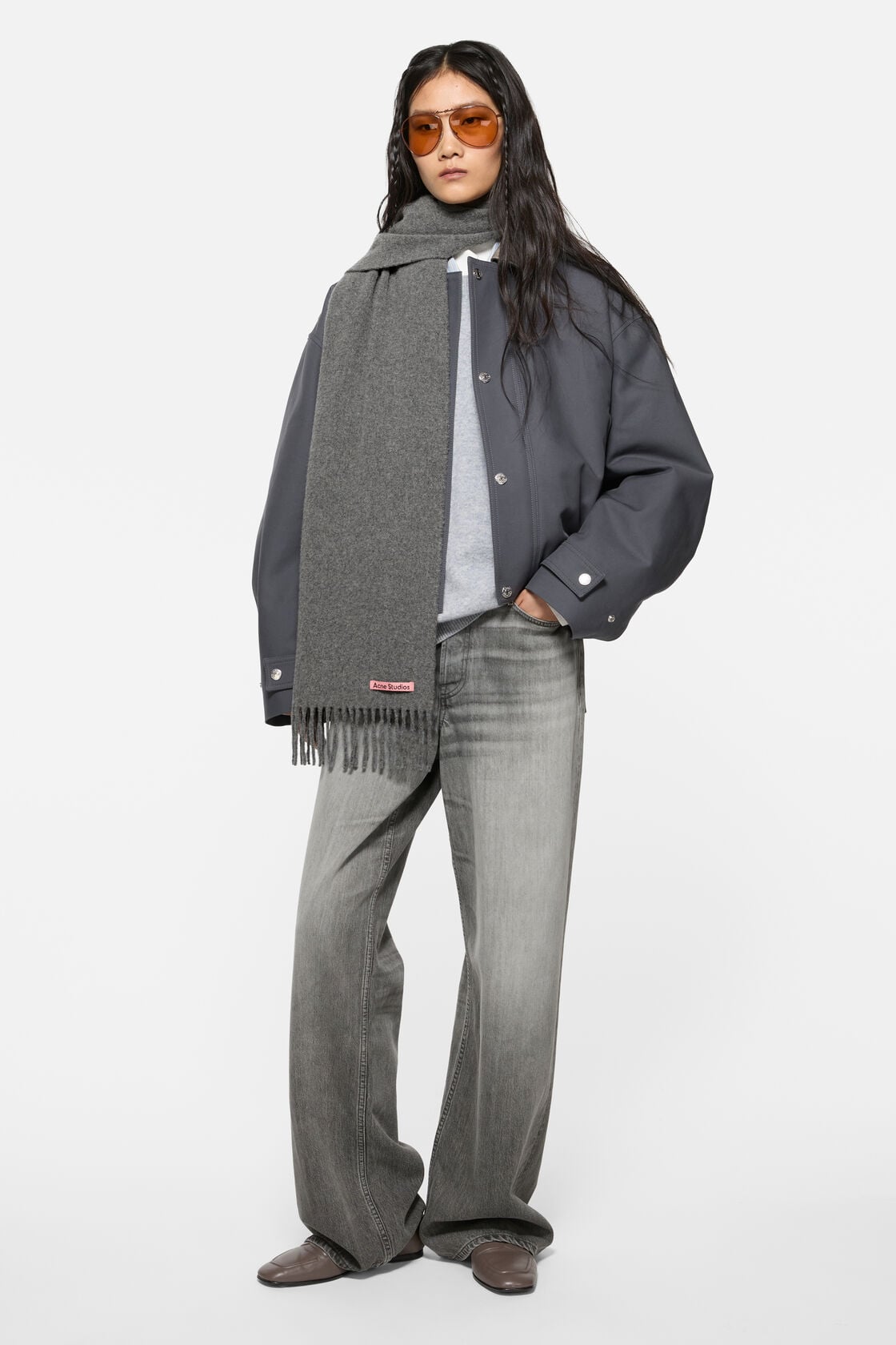 Fringe wool scarf - skinny - Grey Melange