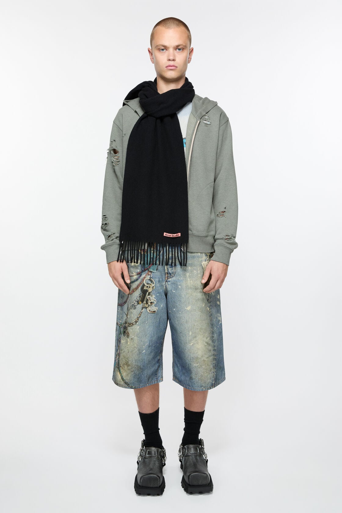 Fringe wool scarf - skinny - Black