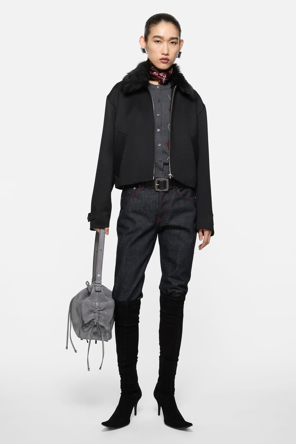 Multipocket Suede Bucket Bag - Cold grey