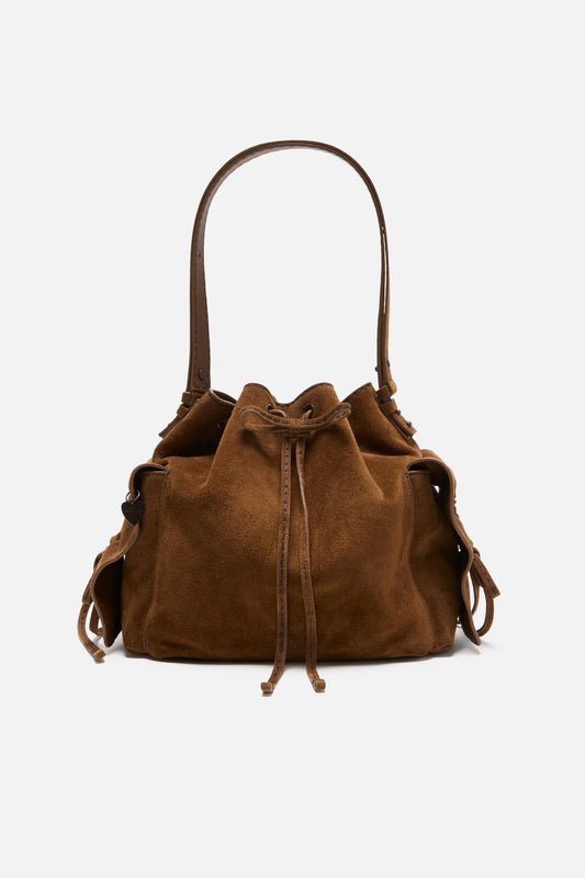 Multipocket Suede Bucket Bag - Cognac brown