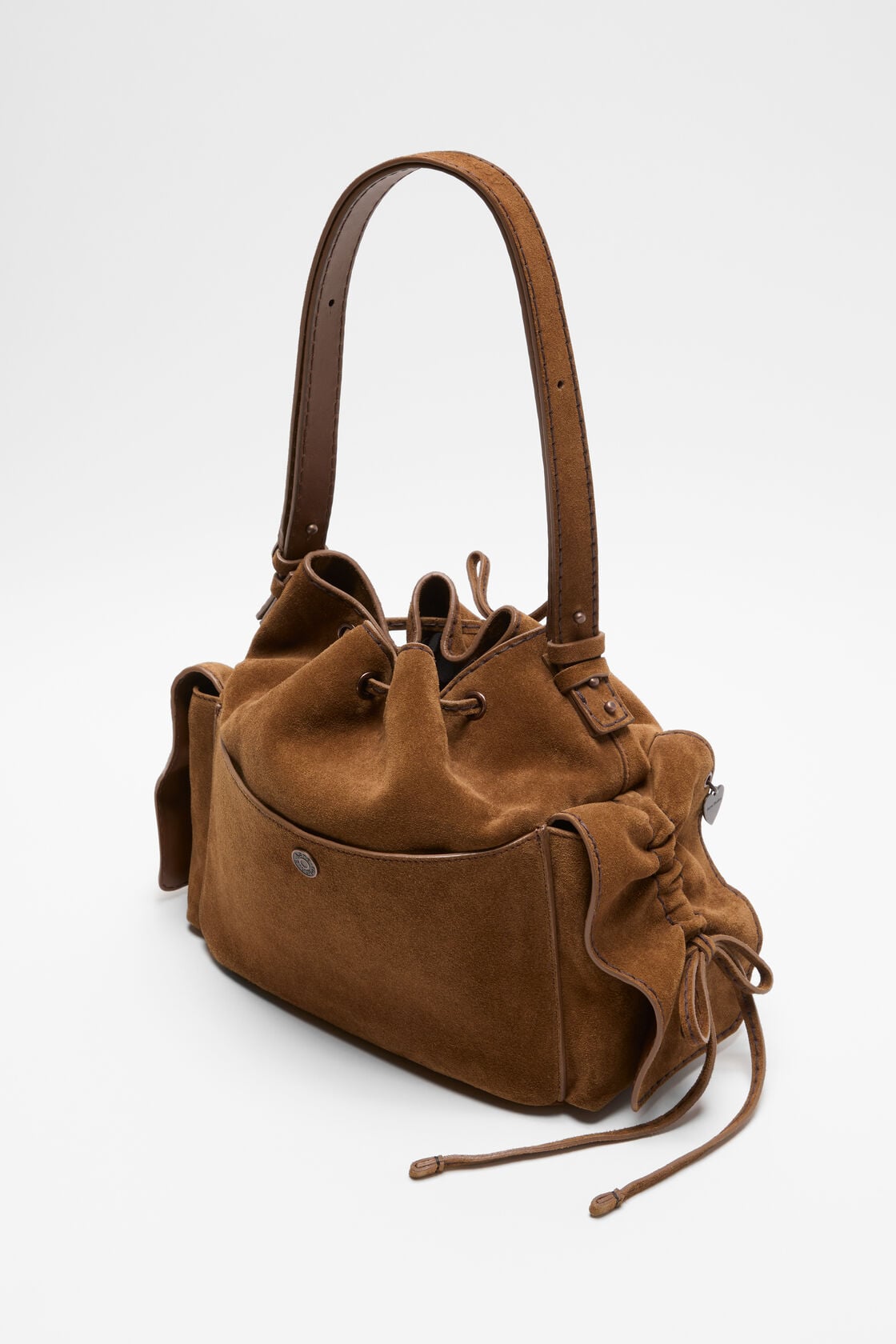 Multipocket Suede Bucket Bag - Cognac brown