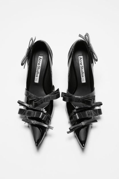 Pointy leather pumps with bows - Black