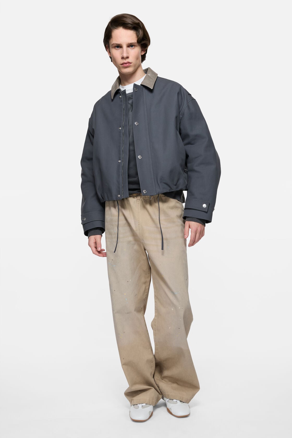 Bomber with leather collar - Carbon grey