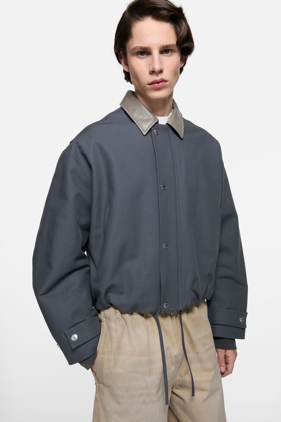 Bomber with leather collar - Carbon grey