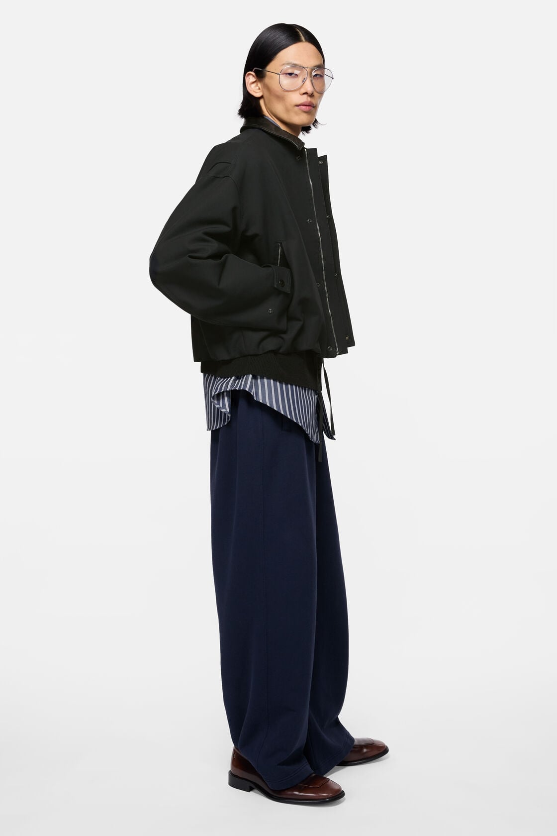 Bomber with leather collar - Black