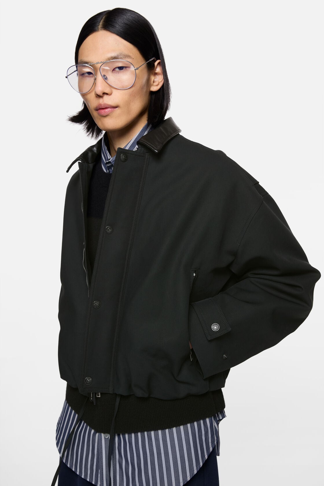 Bomber with leather collar - Black
