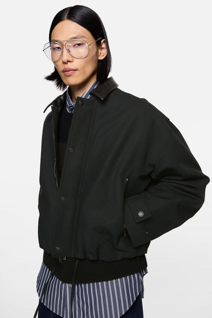 Bomber with leather collar - Black