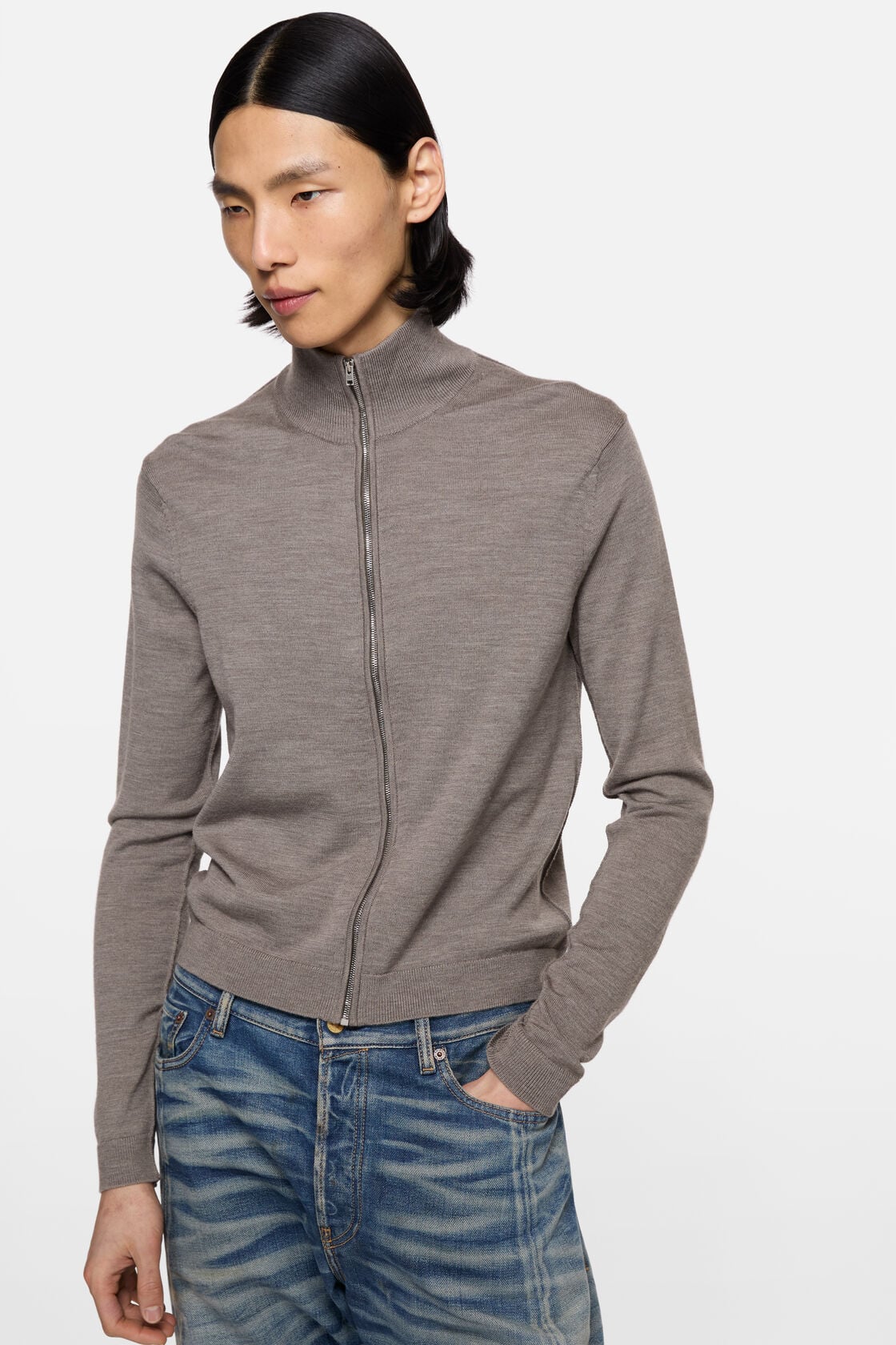Zip-up bow logo cardigan - Warm Grey Melange