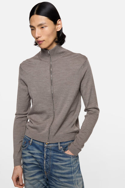 Zip-up bow logo cardigan - Warm Grey Melange
