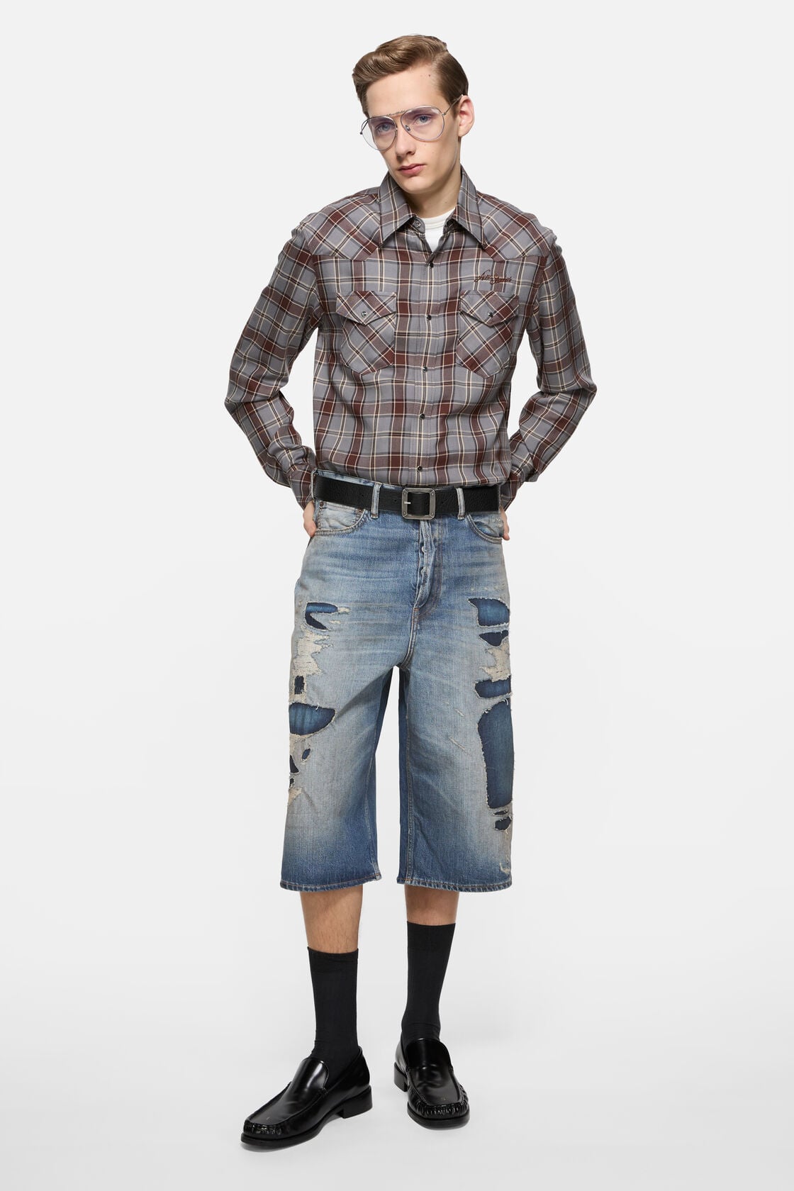 Mended denim shorts - Mid Blue