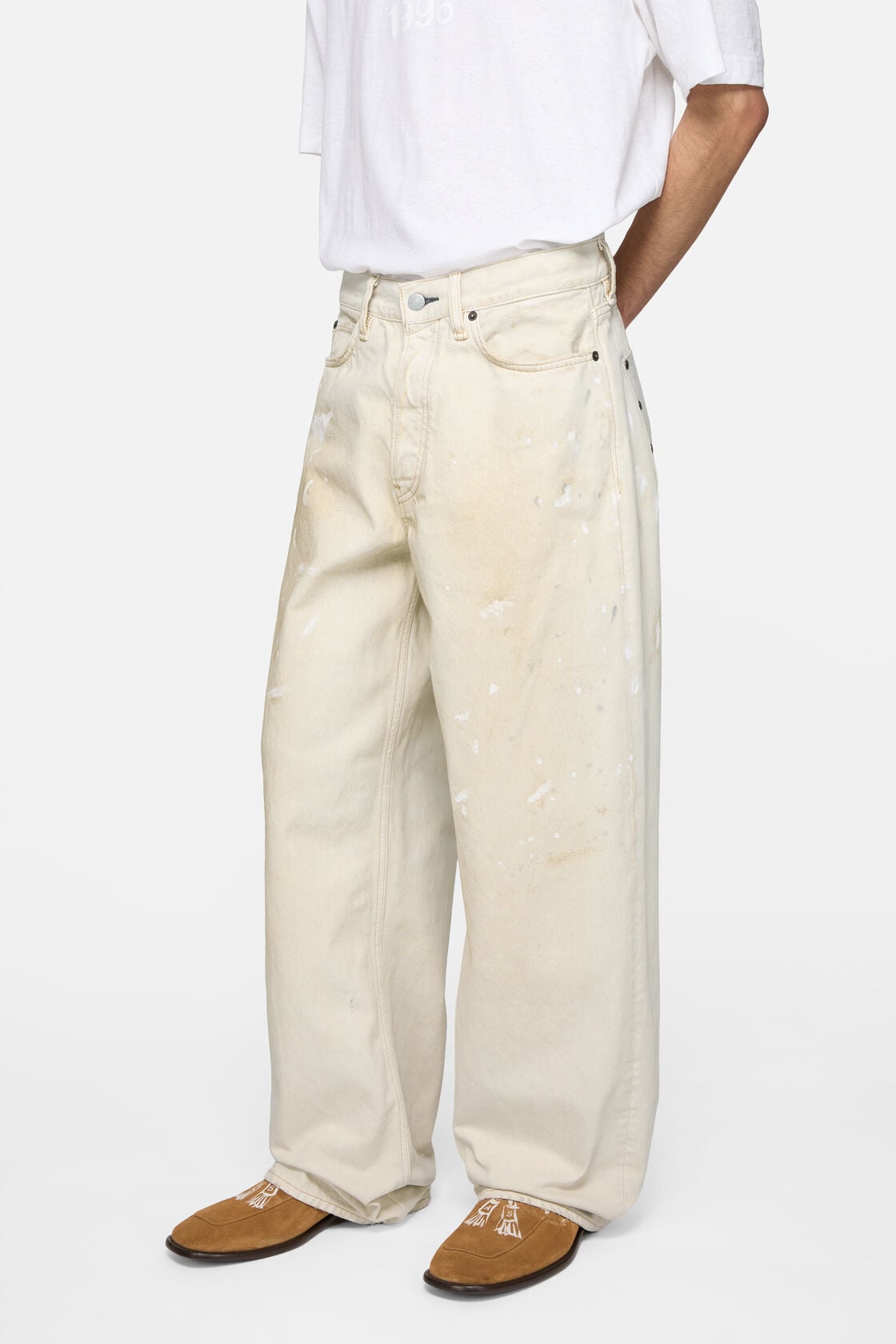 Loose fit jeans with leather pockets - White