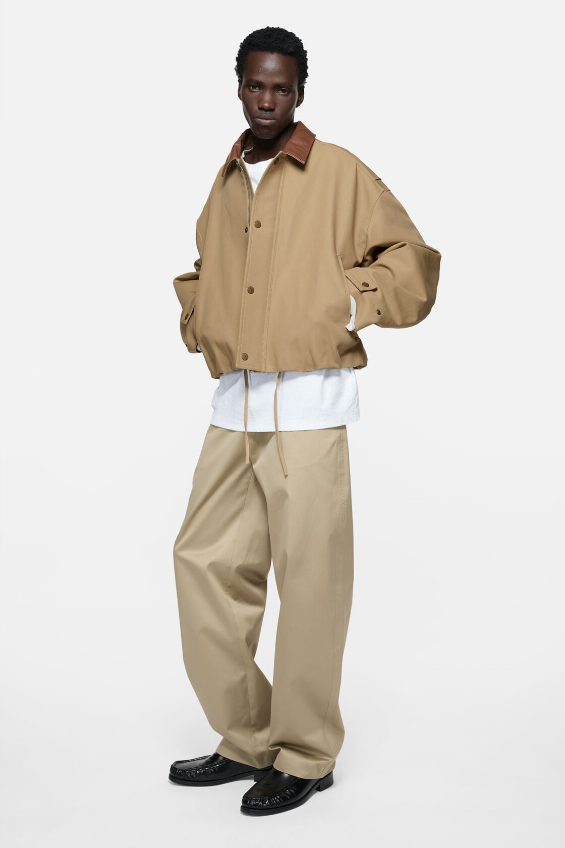 Bomber with leather collar - Khaki beige