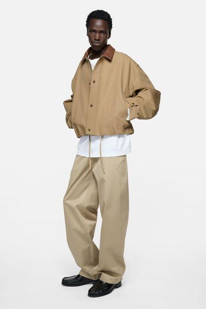 Bomber with leather collar - Khaki beige