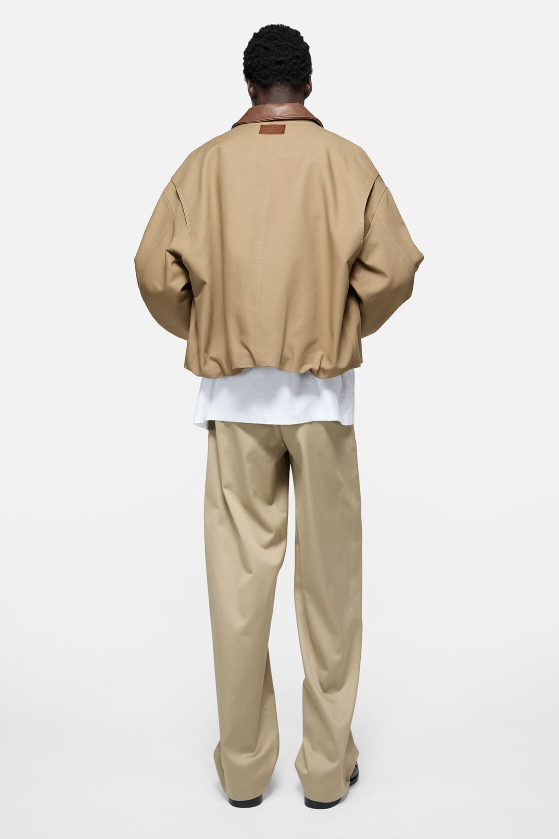 Bomber with leather collar - Khaki beige