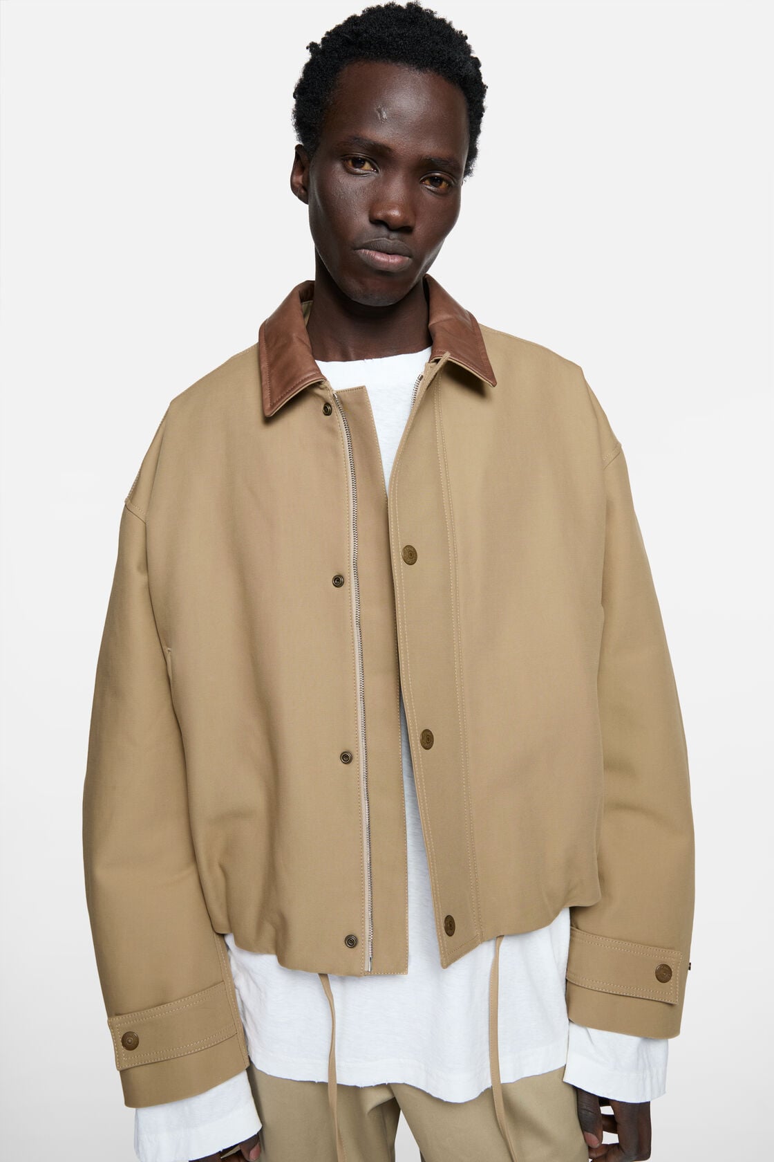 Bomber with leather collar - Khaki beige