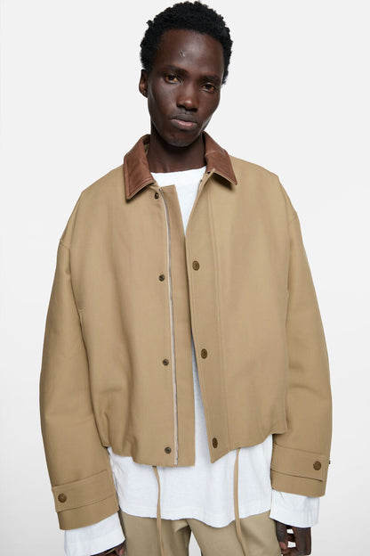 Bomber with leather collar - Khaki beige