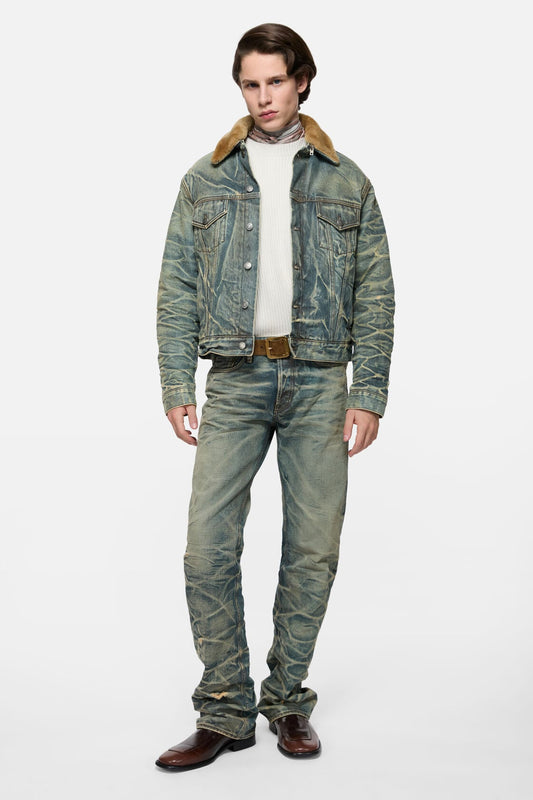 Denim jacket with fur collar - Mid blue