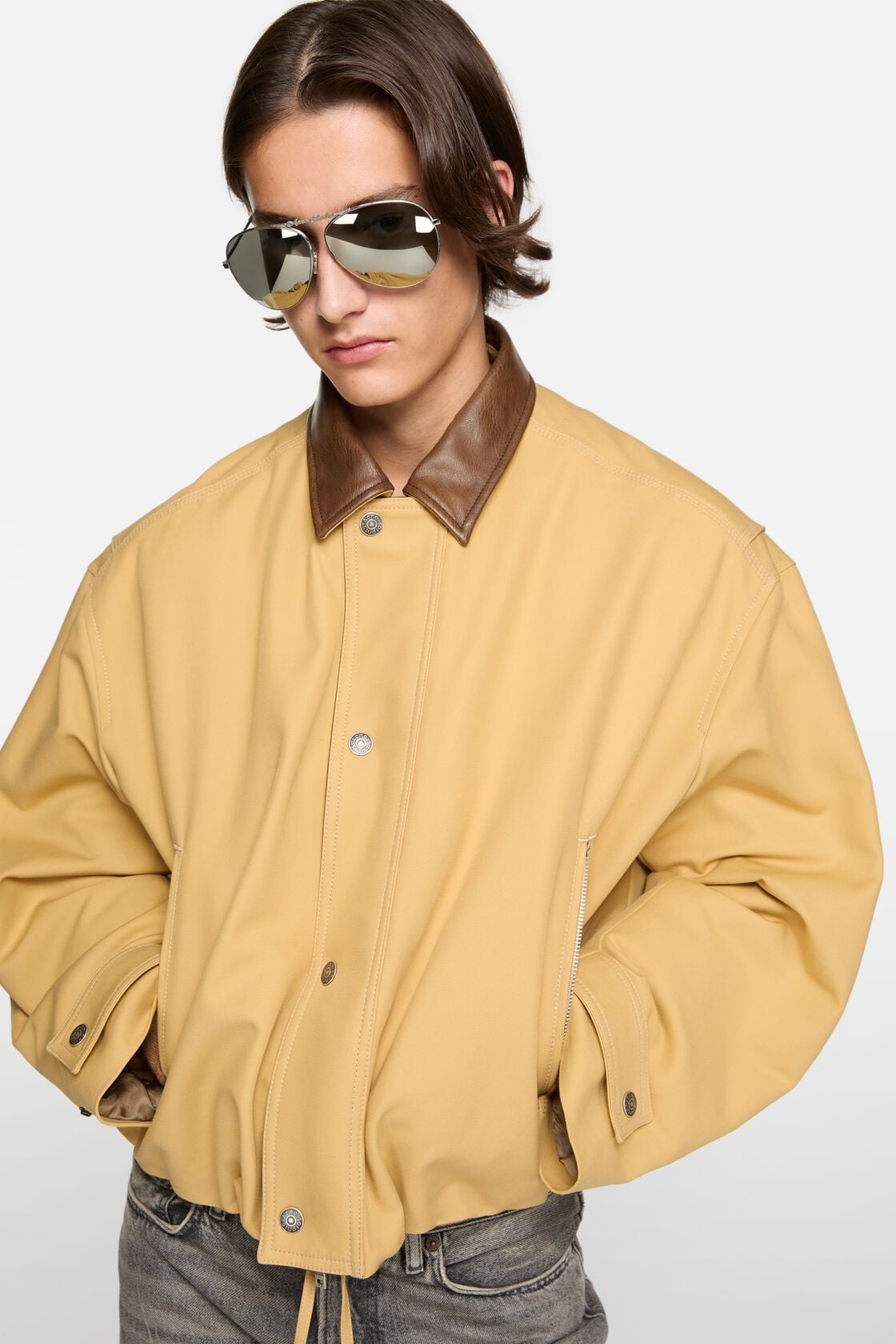 Bomber with faux leather collar - Sand beige