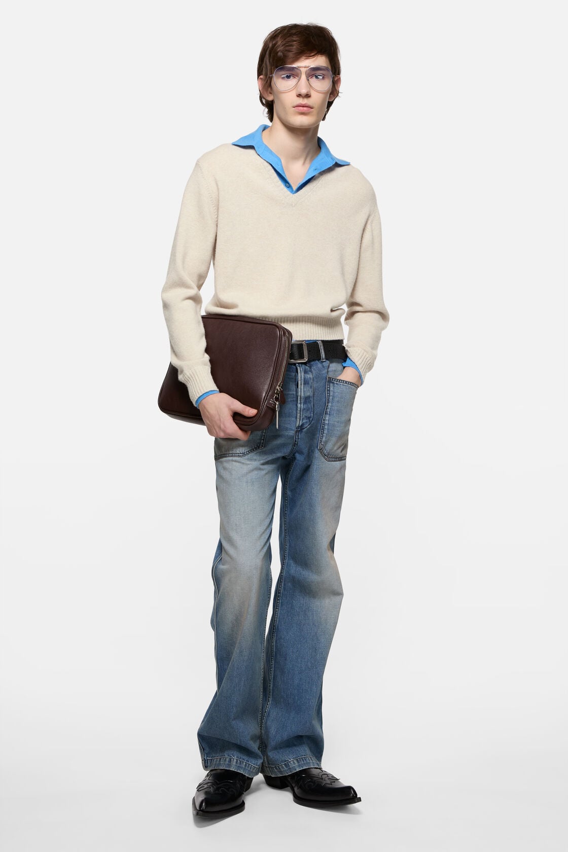 Layered Wool V-Neck Sweater - Dirty white