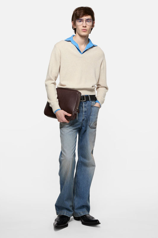 Layered Wool V-Neck Sweater - Dirty white