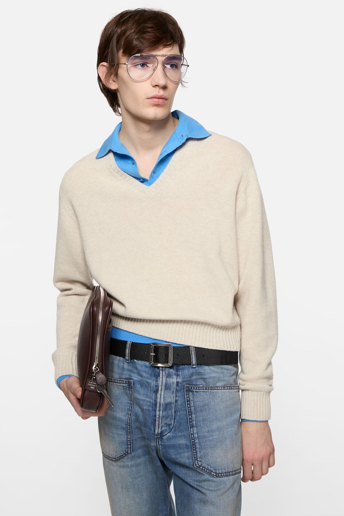Layered Wool V-Neck Sweater - Dirty white