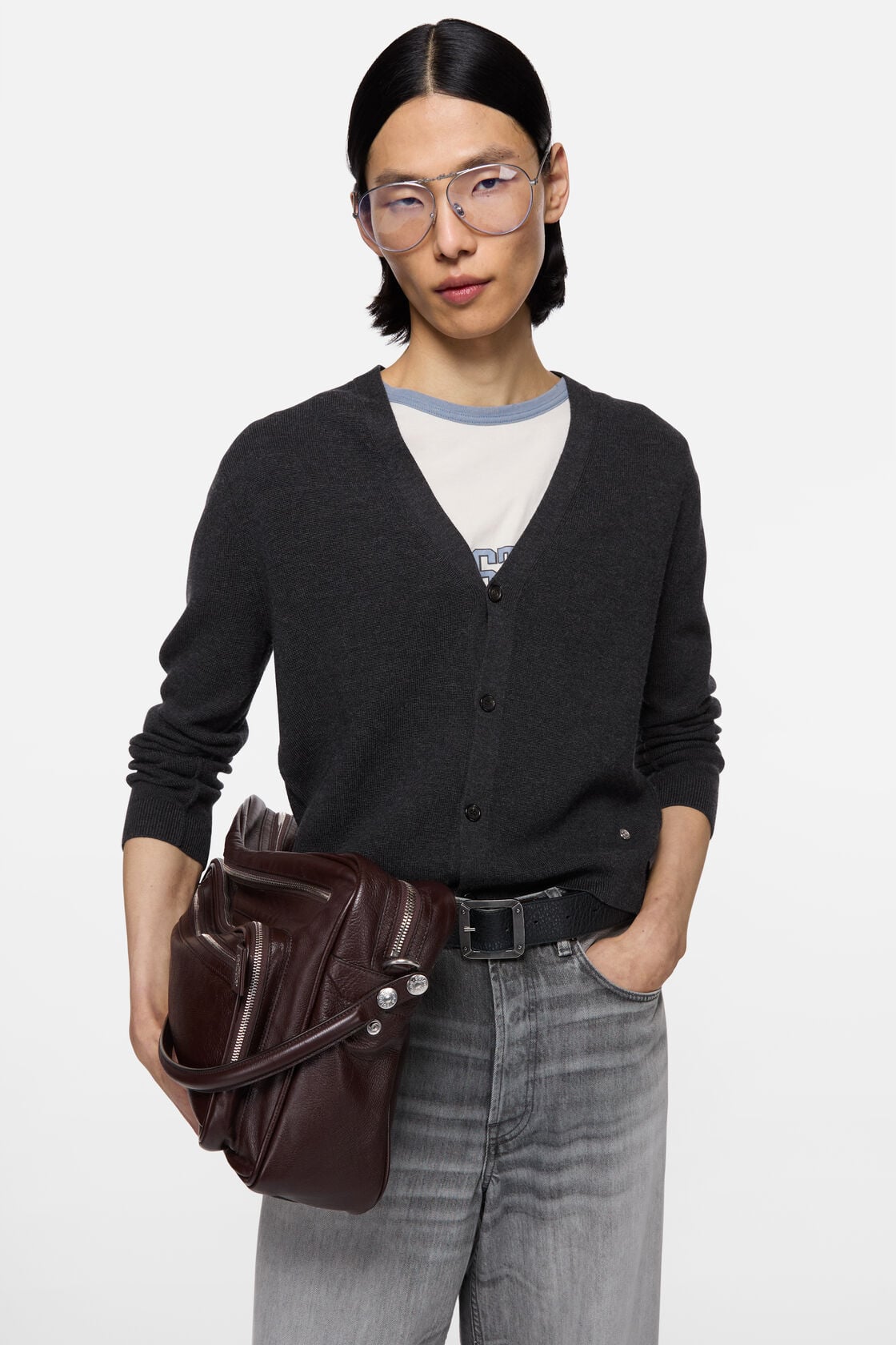V-neck wool cardigan - Dark Navy Melange