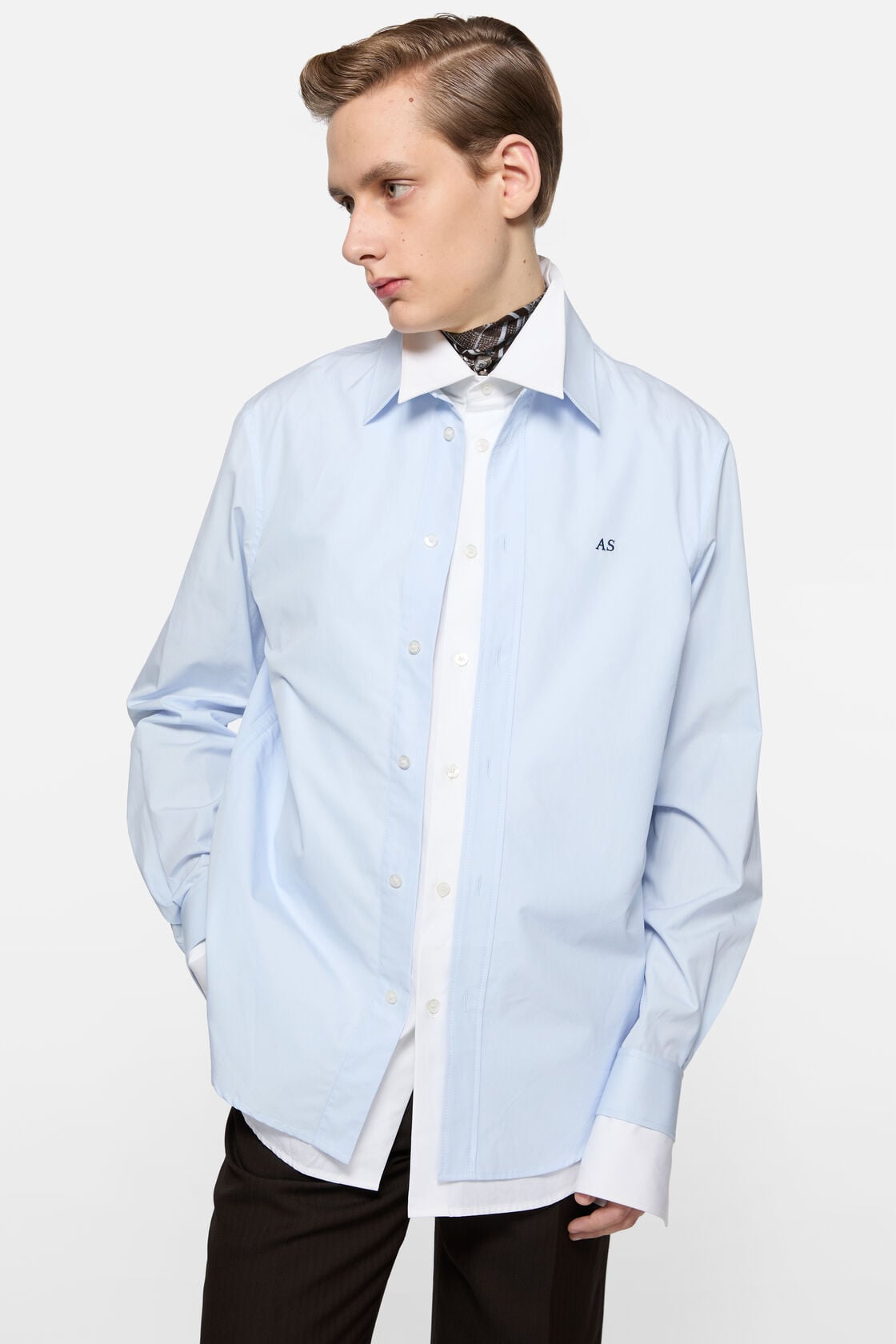 Layered poplin button-up shirt - Blue/white