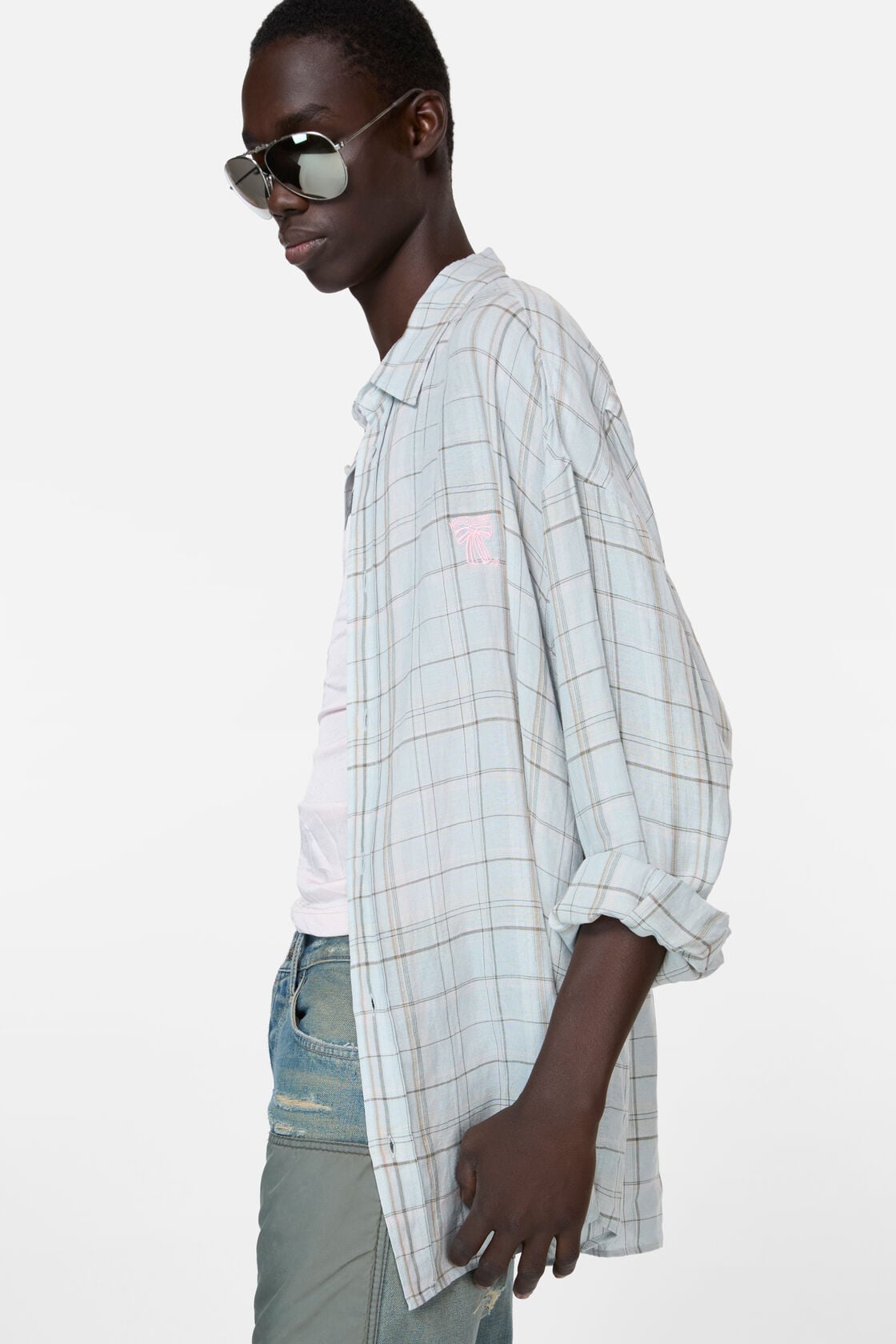 Linen check button-up shirt - Grey/pink