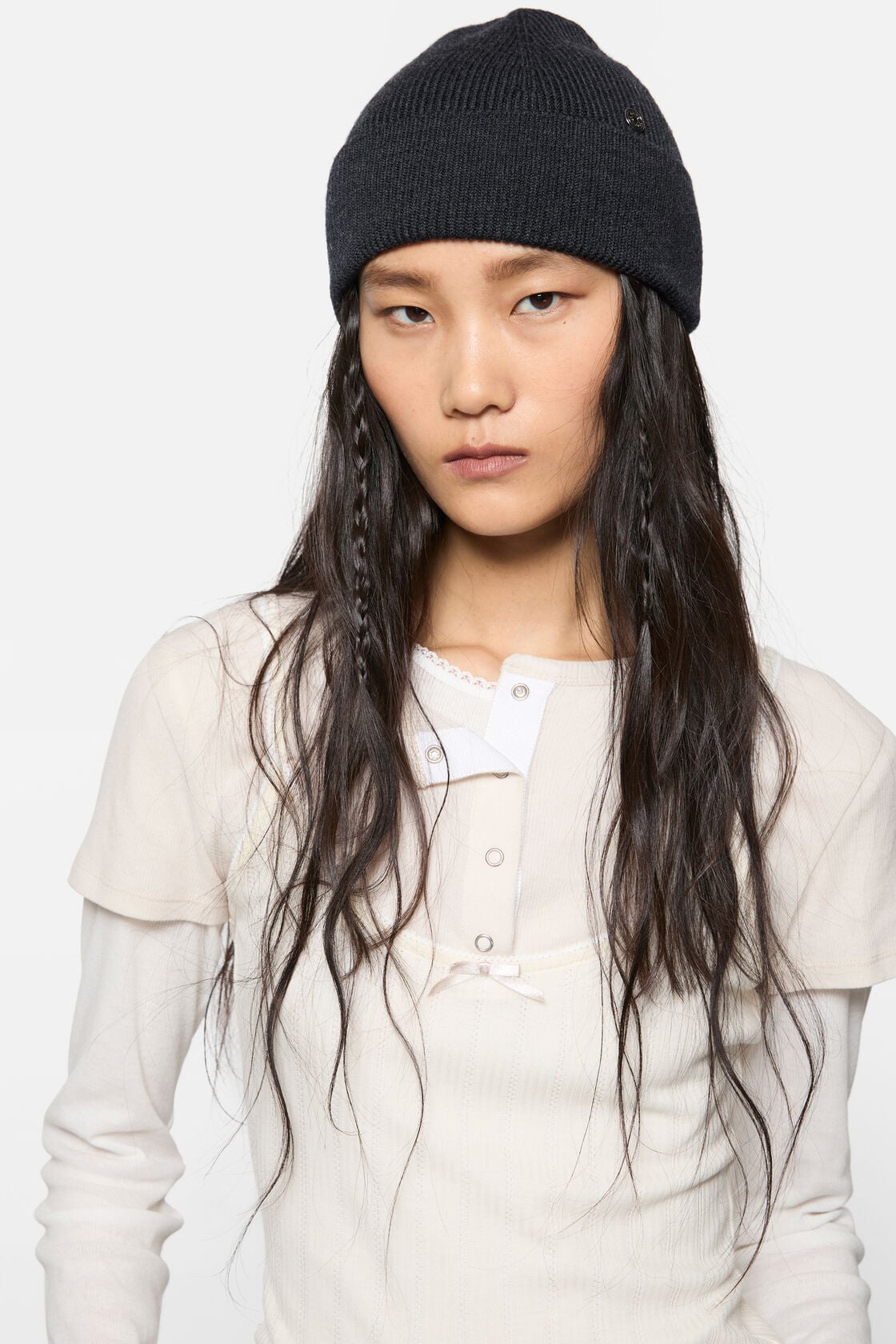 Wool beanie with rivet - Dark Navy Melange