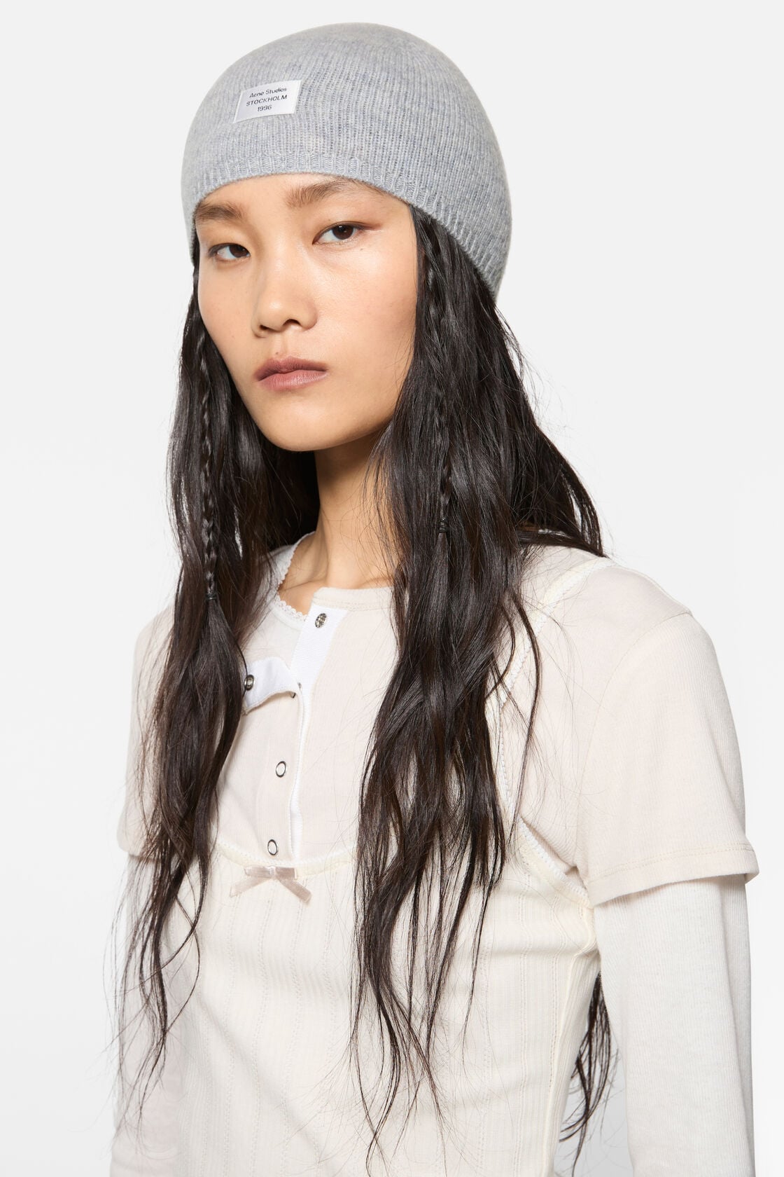 Cashmere beanie with logo - Cold grey melange